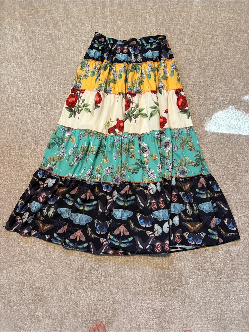 Boho Tiered Floral & Butterfly Maxi Skirt Womens Large Sweep Fall Winter Spring